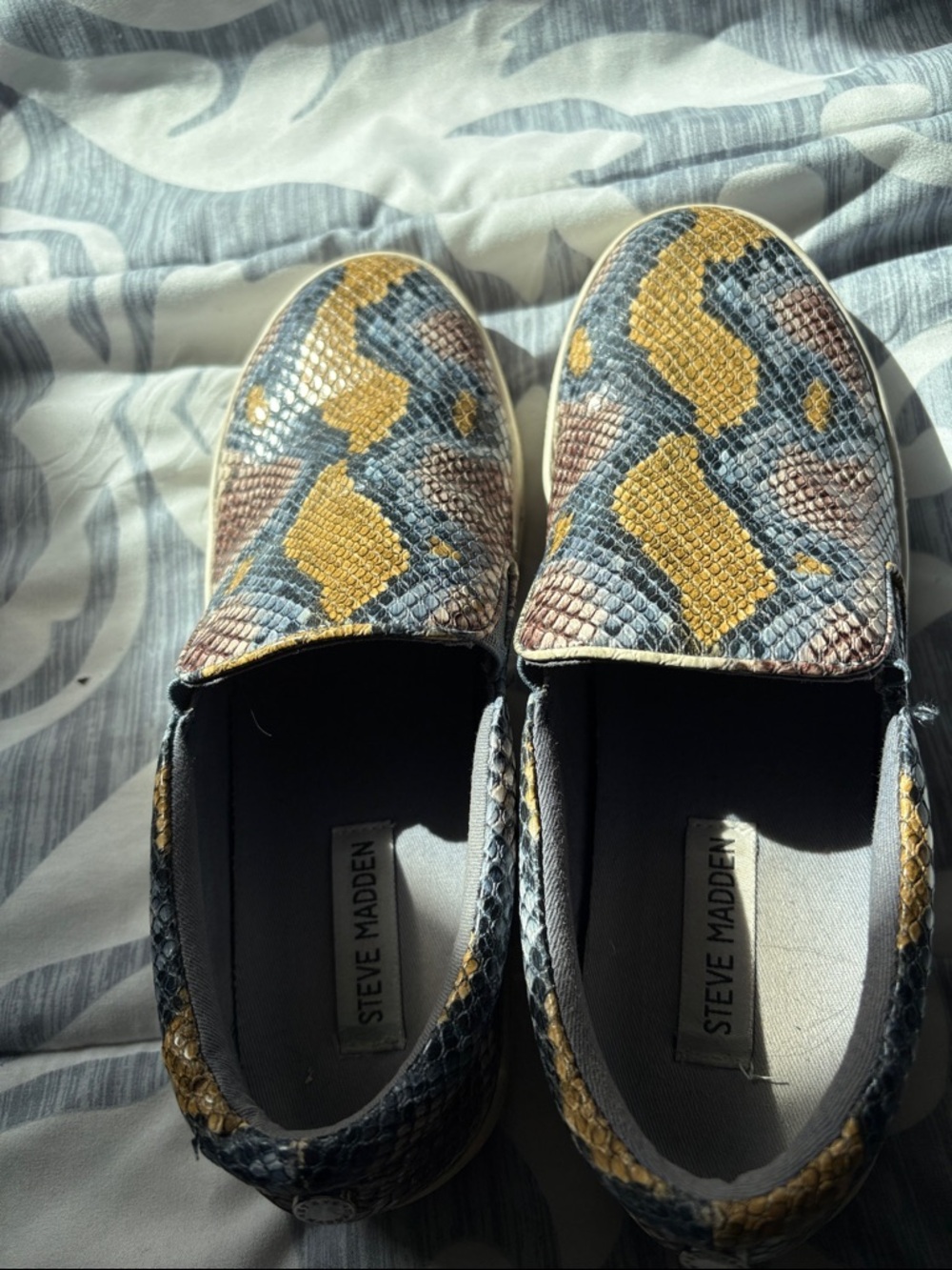 Steve Madden Snake-Print Slip-Ons in Yellow, Gray & Brown